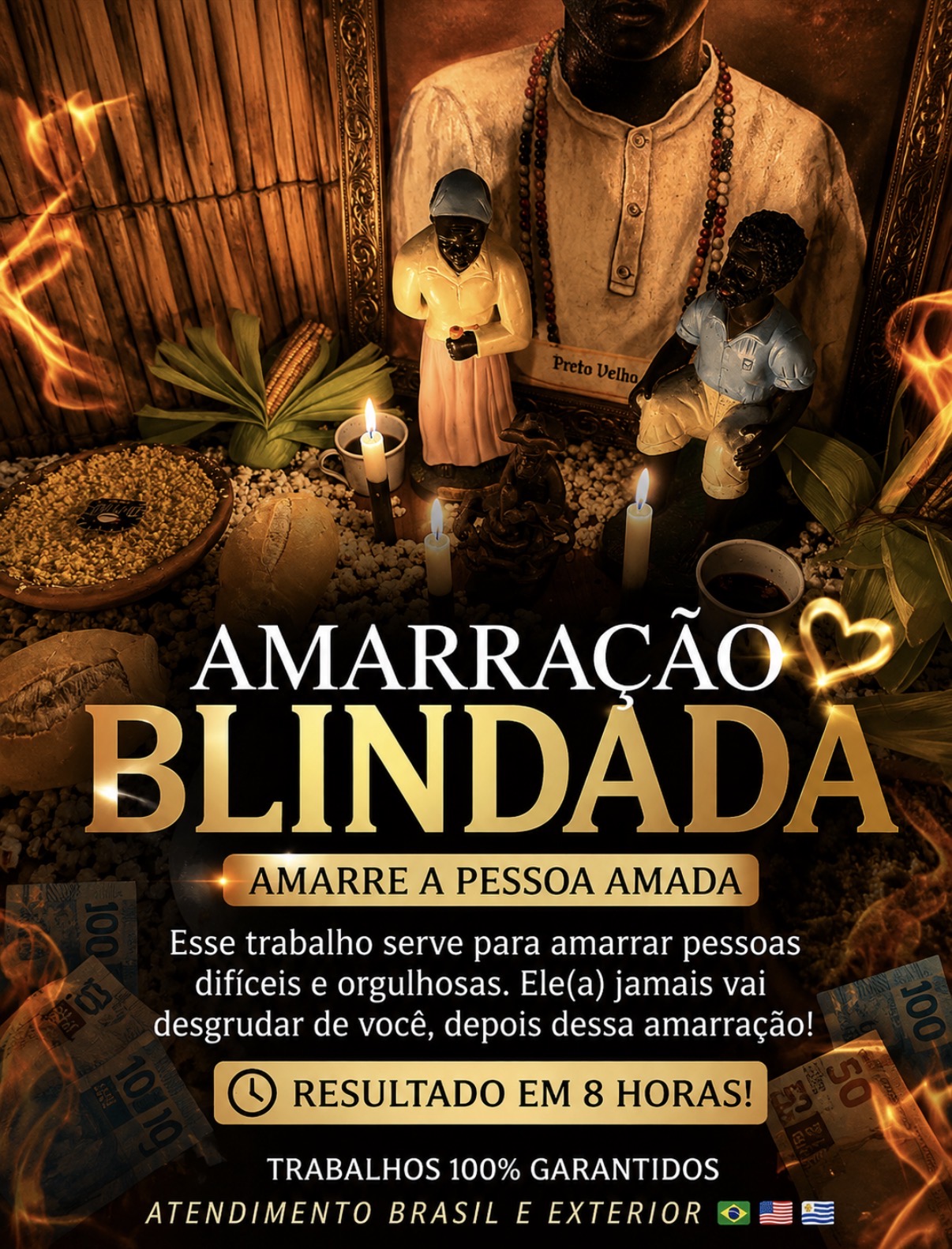 Arte do trabalho de amarração blindada com velas e oferendas